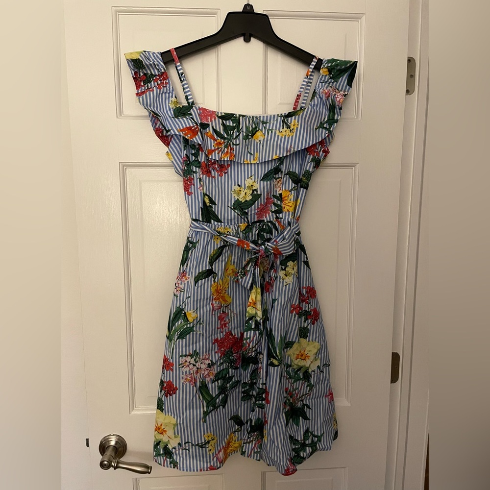 PinkBlush Maternity Blue Striped Floral Open Shoulder Dress